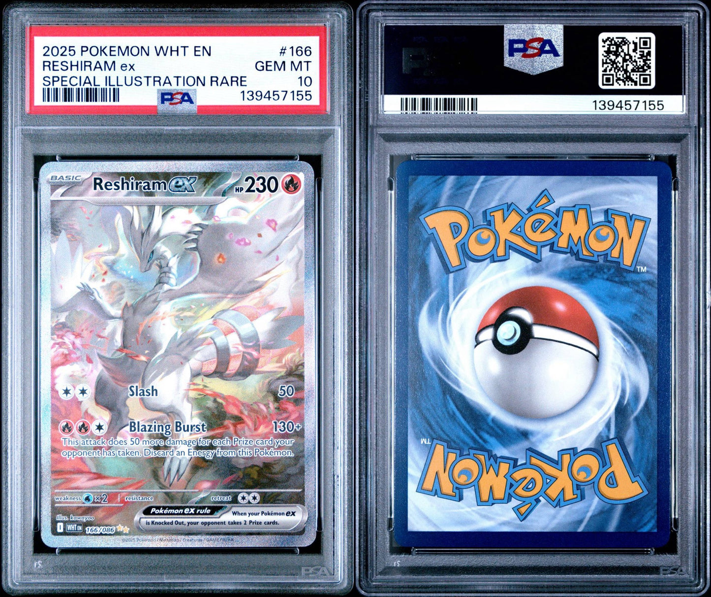 RESHIRAM EX 166 | 2025 POKEMON WHT EN-WHITE FLARE | SPECIAL ILLUSTRATION RARE - PSA 10