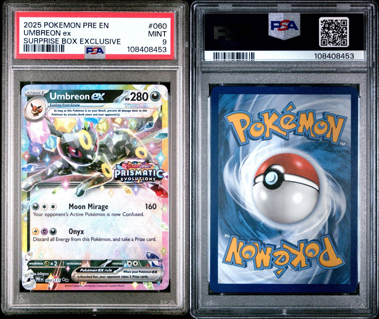 UMBREON EX 060 - 2025 POKEMON PRE EN-PRISMATIC EVOLUTIONS | SURPRISE BOX EXCLUSIVE - PSA 9