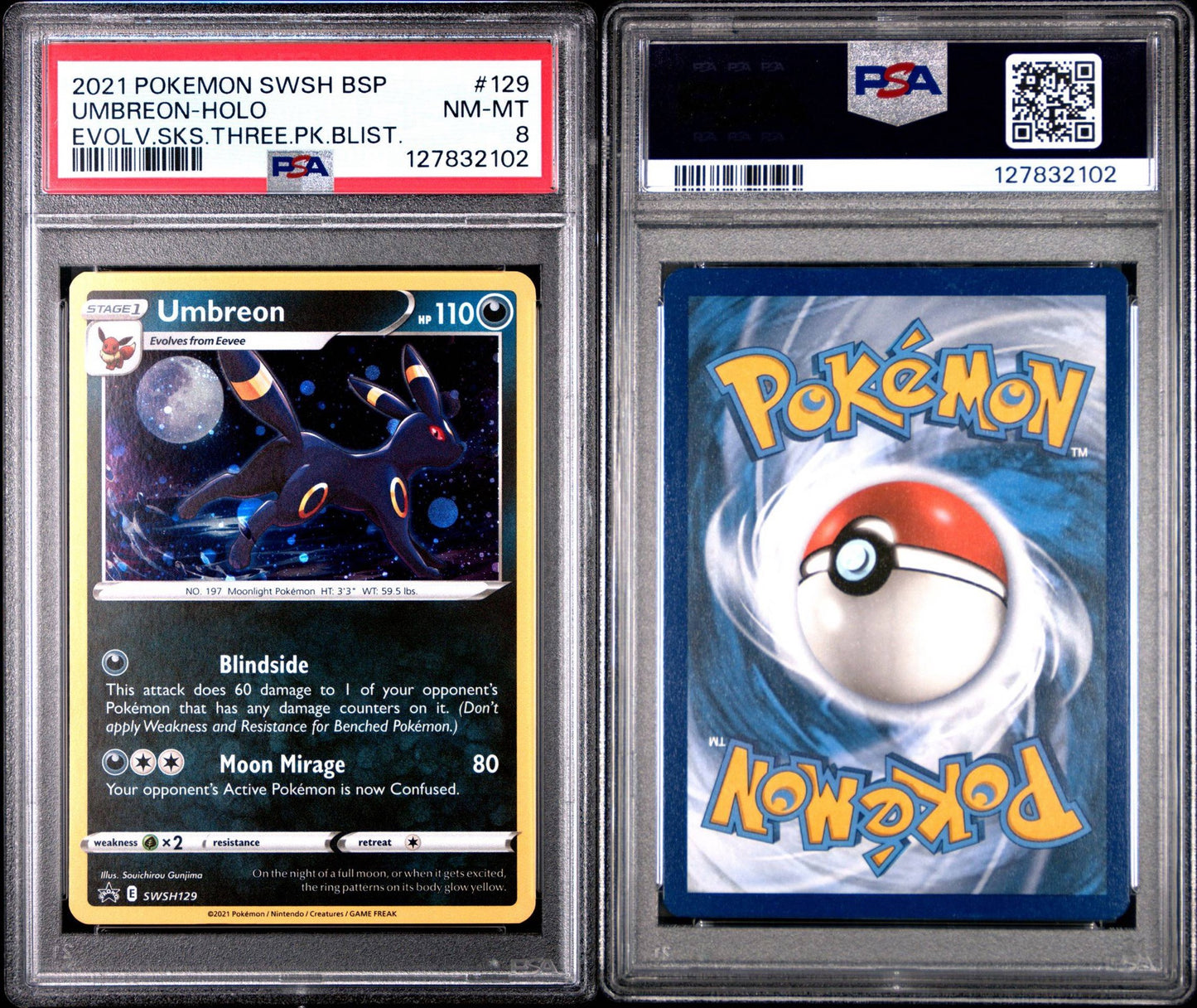 Umbreon Holo | 2021 POKEMON SWSH BLACK STAR PROMO | EVOLVING SKIES THREE PACK BLISTERS - PSA 8