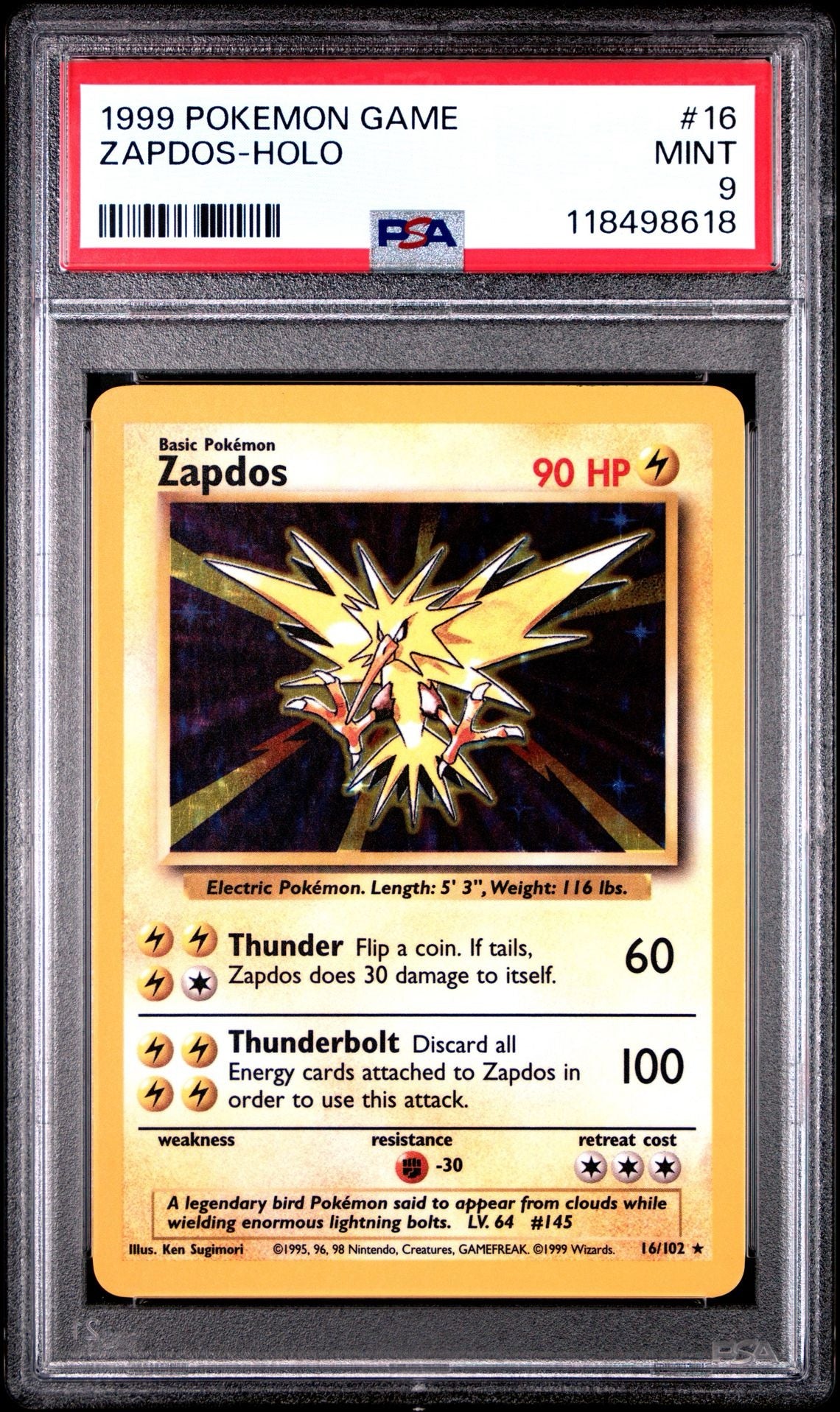 ZAPDOS-HOLO 16 | 1999 POKEMON GAME - PSA 9