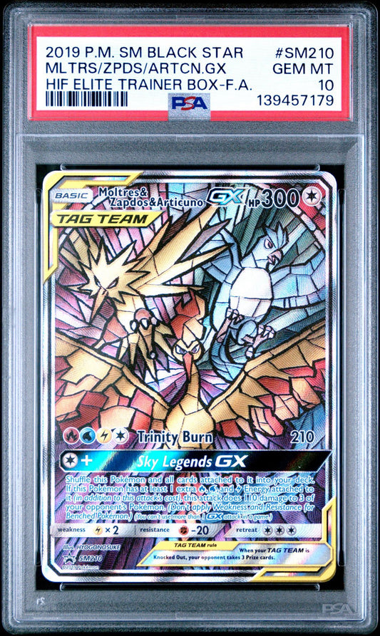 MOLTRES & ZAPDOS & ARTICUNO GX SM210 | 2019 POKEMON SM BLACK STAR PROMO | HIDDEN FATES ELITE TRAINER BOX - PSA 10