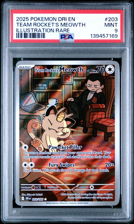 TEAM ROCKET'S MEOWTH 203 | 2025 POKEMON DRI EN-DESTINED RIVALS | ILLUSTRATION RARE - PSA 9