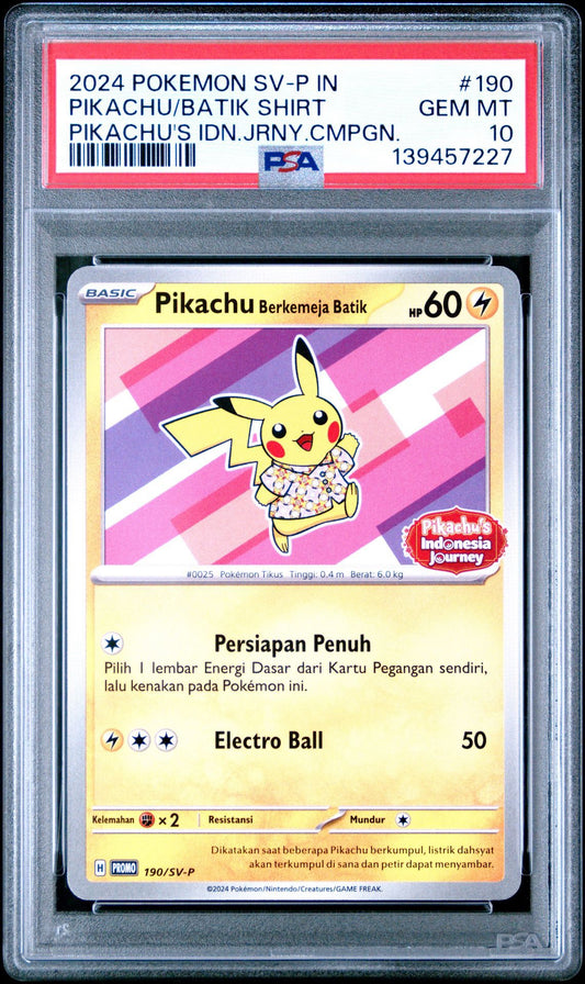 (PIKACHU IN BATIK SHIRT 190 | 2024 POKEMON INDONESIAN SV-P PROMO | PIKACHU'S INDONESIA JOURNEY CAMPAIGN - PSA 10