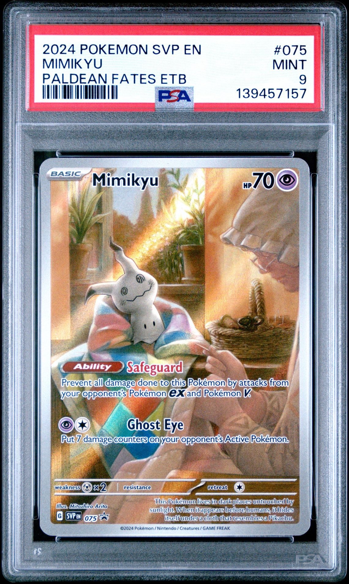 MIMIKYU 075 | 2024 POKEMON SVP EN-SV BLACK STAR PROMO | PALDEAN FATES ELITE TRAINER BOX - PSA 9
