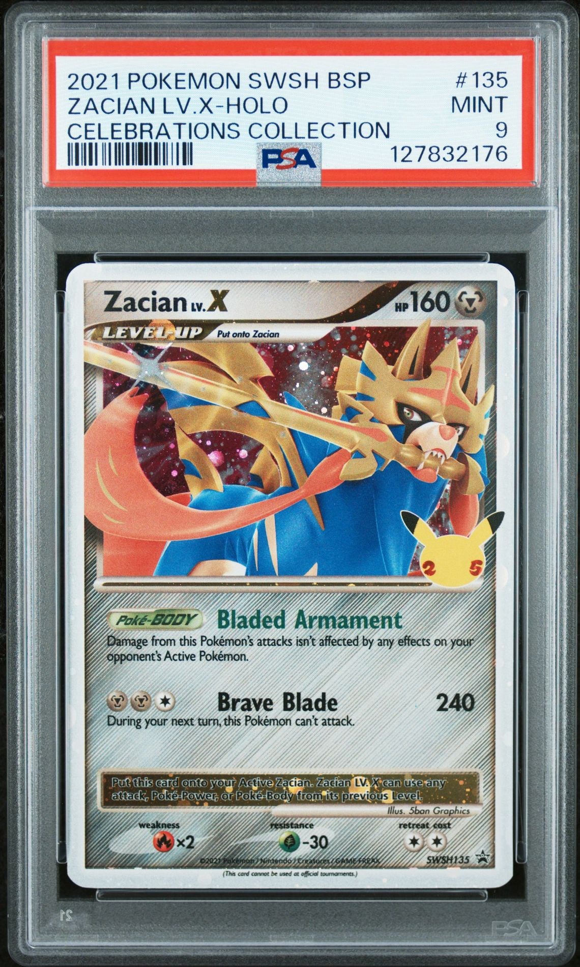 Zacian LV.X - Holo #135 | 2021 Pokémon Celebrations Pin Collection Promo - PSA 9