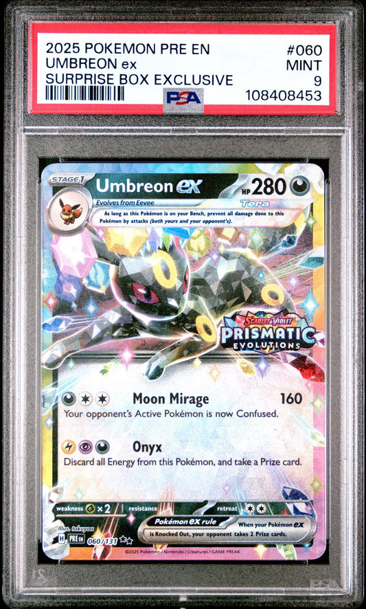 UMBREON EX 060 - 2025 POKEMON PRE EN-PRISMATIC EVOLUTIONS | SURPRISE BOX EXCLUSIVE - PSA 9